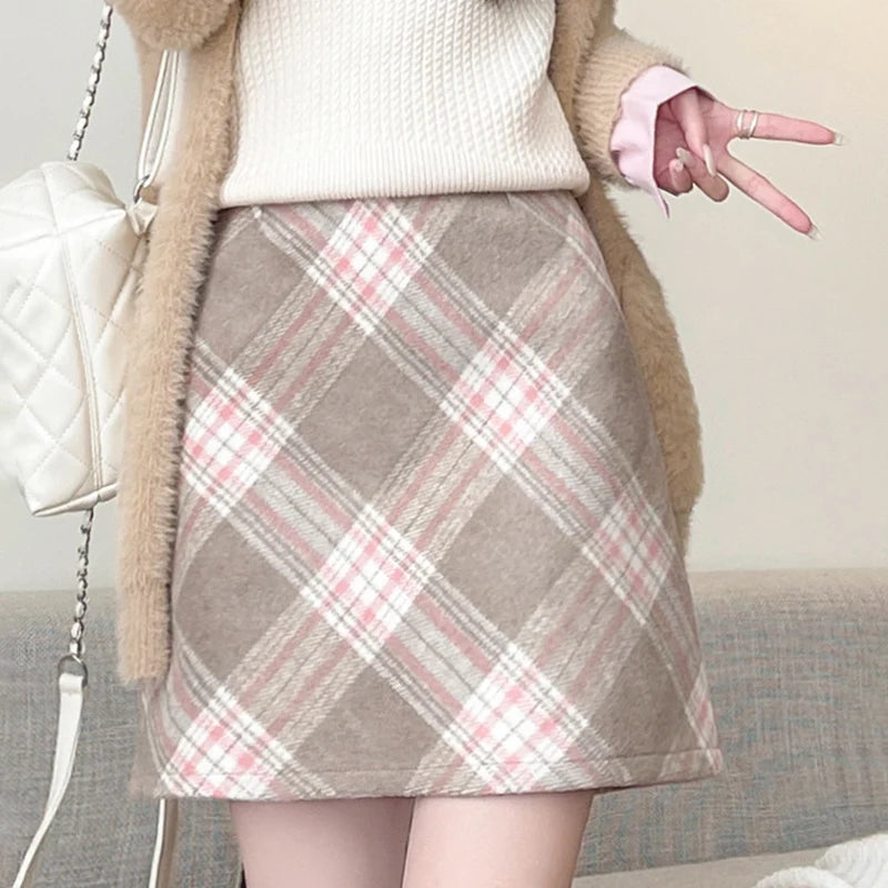 Autumn Winter Korean Plaid Woolen Skirt Women High Waist Slimming Wrap Hip Mini Skirts Y2K Thicken Warm Short A-Line Skirt Mujer - Daisan Mart
