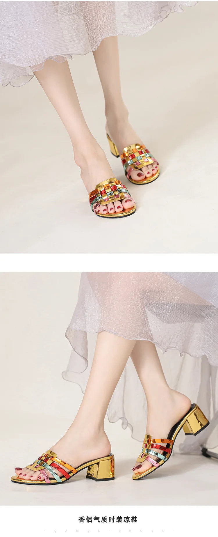High-end Perforated Women's Flat Sandals with Fashionable Square Heels