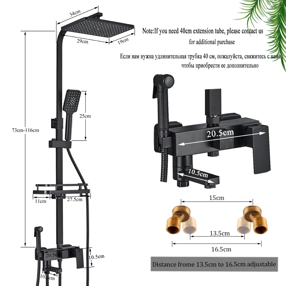 Chrome Brass Shower Faucet Set Rainfall Bathtub Tap With Bathroom Shelf 4 Function Height Adjust Shower Mixer Crane Fast Delivey