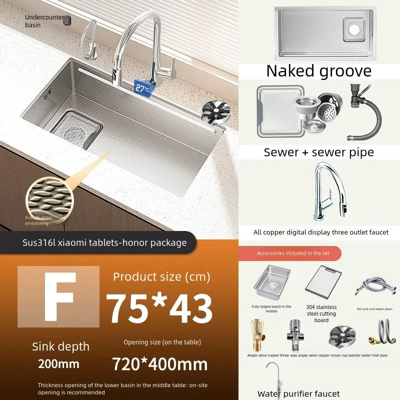 316L Stainless Steels Kitchen Sink Scratch and Grease Resistant Large Single Slot Household Left Right Mount Undermount Basin - Daisan Mart