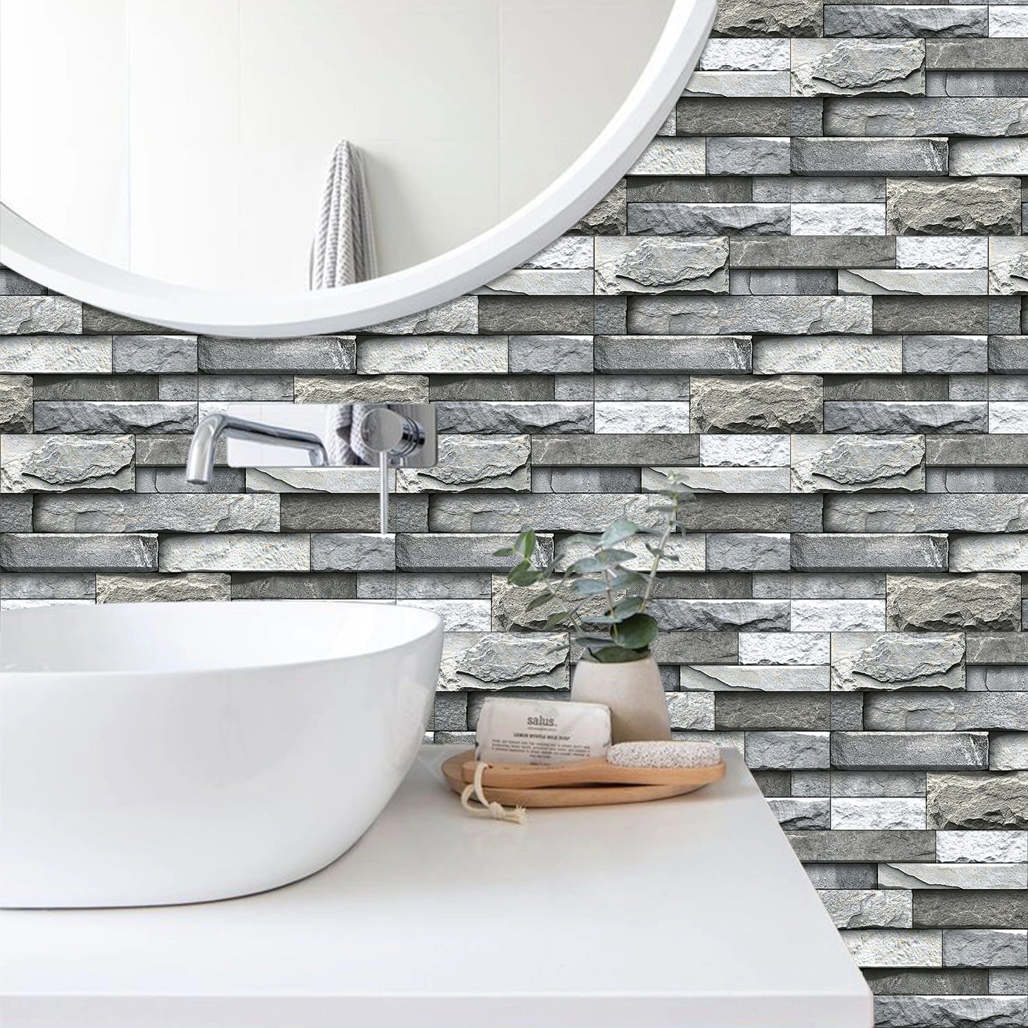 6Pcs 3D Self-Adhesive Wall Sticker 30x15cm Oil Proof Waterproof Brick Stone Imitation Brick Tile Stone Particle Wallpaper Decals