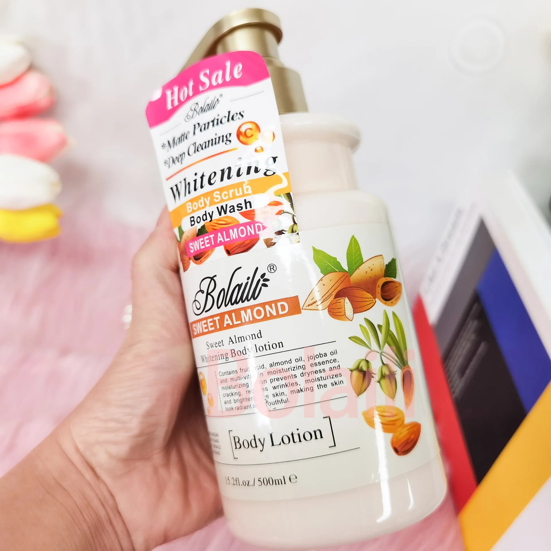 500ml Almond Whitening Body Lotion &amp; Scrub Body Wash Exfoliating Moisturizing Whitening Skin Lightening Increase Skin Radiance