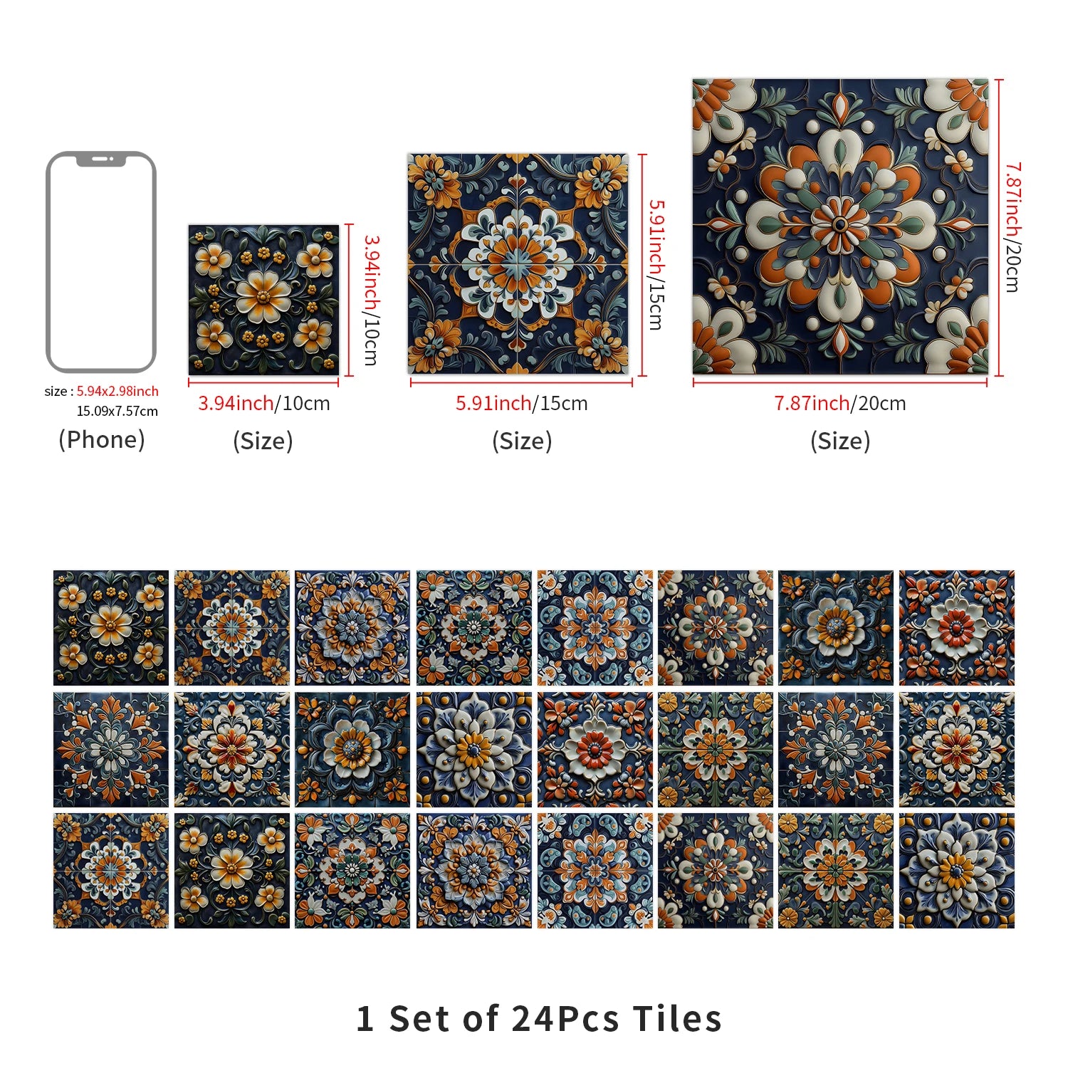 24pcs/Set Self-Adhesive Waterproof Art Wall Stickers For Living Room, Kitchen Oil Resistant Tiles Stickers For Room Decor Decal