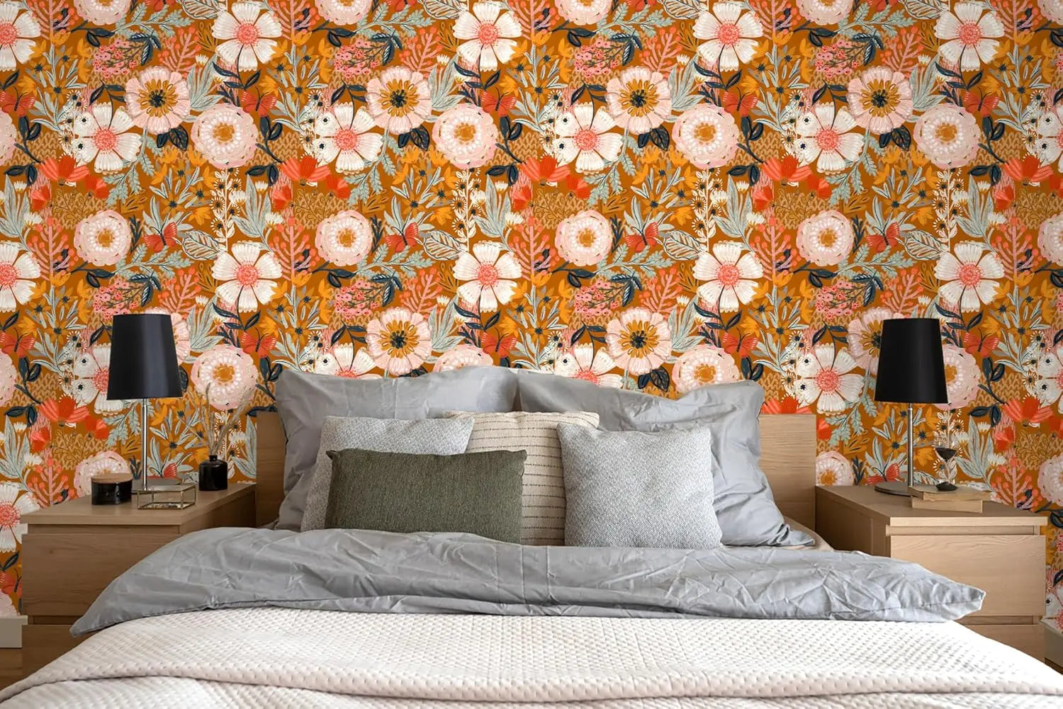 Boho wallpaper orange/pink flowers for bedroom 50cm