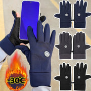 Găng tay chống nước màu xanh và đen, dùng cảm ứng, biểu tượng nhiệt -30°C, nền xám.