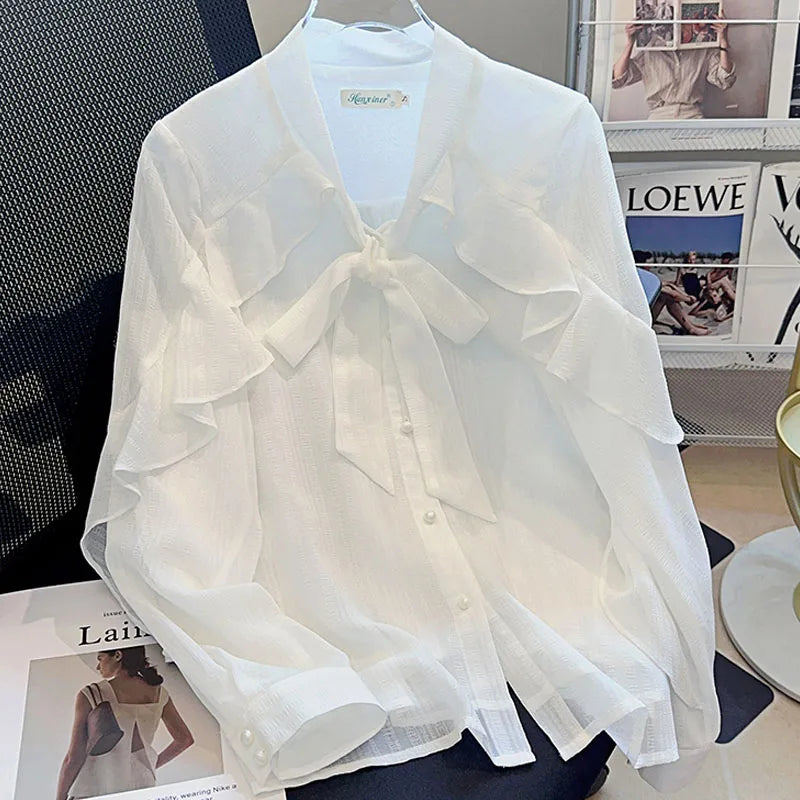 Women Shirt Blouse New Long Sleeve Bow Collar White Chiffon Shirt Blouse Women Tops Blouses Shirts Blusas Para Mujer 2025 Q614