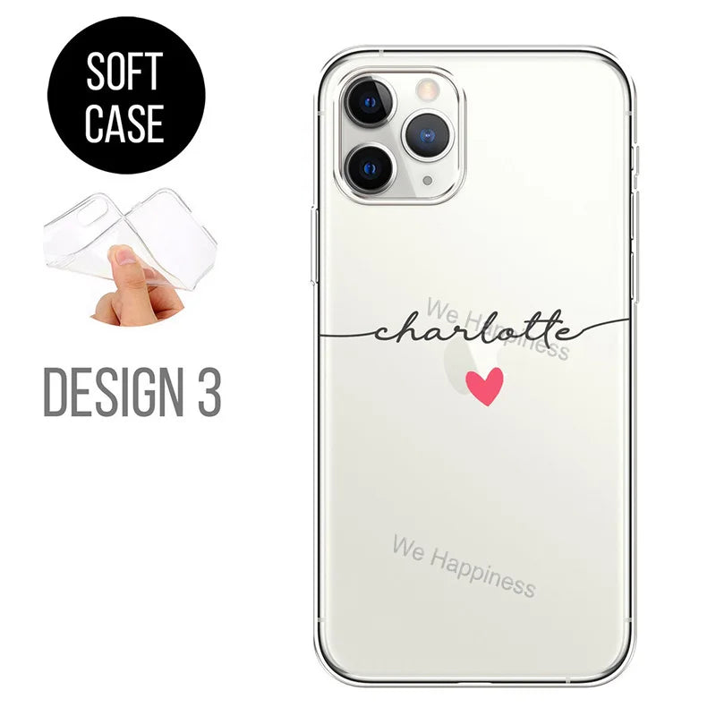Personalised Phone case hearts custom name initials phone TPU cover For iPhone 15 13 11 12 14 Pro Max mini Plus 7 8 X Xs max Xr - Daisan Mart
