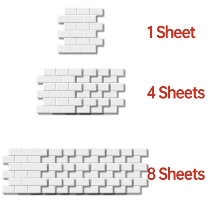 1/4/8 Sheets 3D Faux Tile Wall Sticker White Self Adhesive Tiles Waterproof Wallpaper Backsplash for Kitchen Living Room Decor