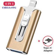 Ổ lưu trữ USB màu vàng, có nút trượt trắng, cùng bộ chuyển đổi Type-C.