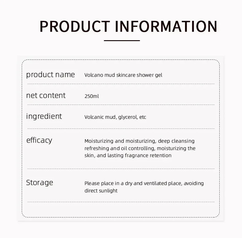 250ml Volcanic Mud Skin Care Body Wash Brightening Skin Tone Deep Cleansing Body Wash