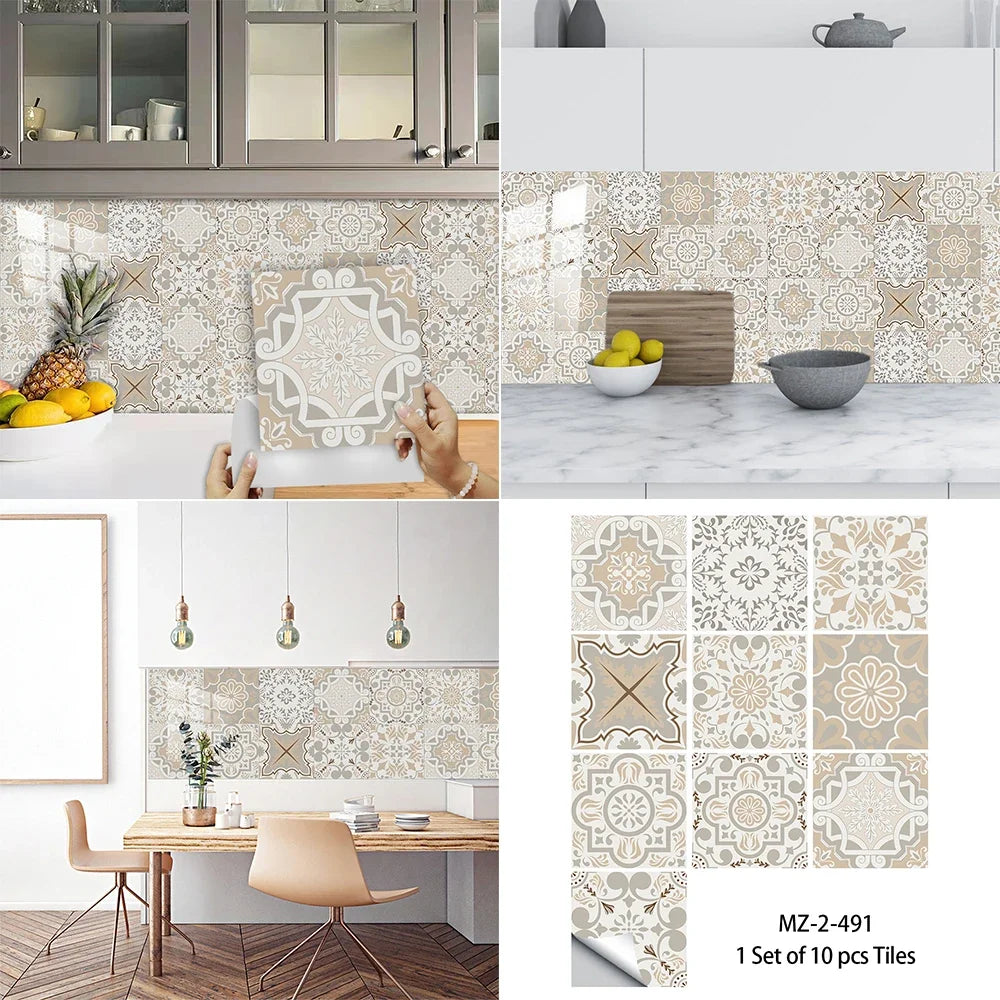 10pcs/set Portuguese Style Tiles Sticker Kitchen Backsplash Oil-proof Cupboard Washbasin Peel &amp; Stick Waterproof Art Wall Decals