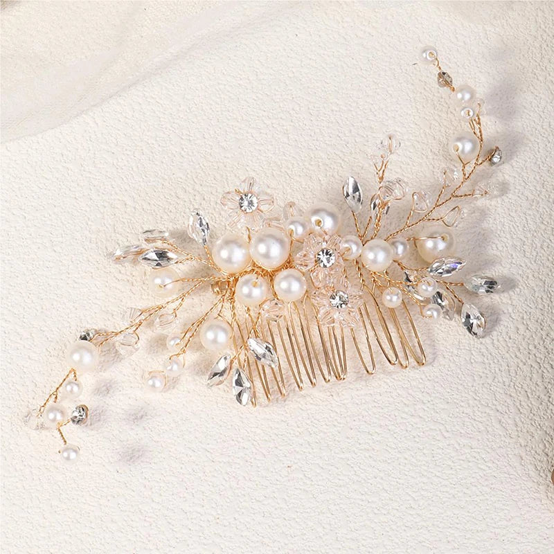 Luxurious Silver Gold Pearl Wedding Hair Comb with Rhinestones