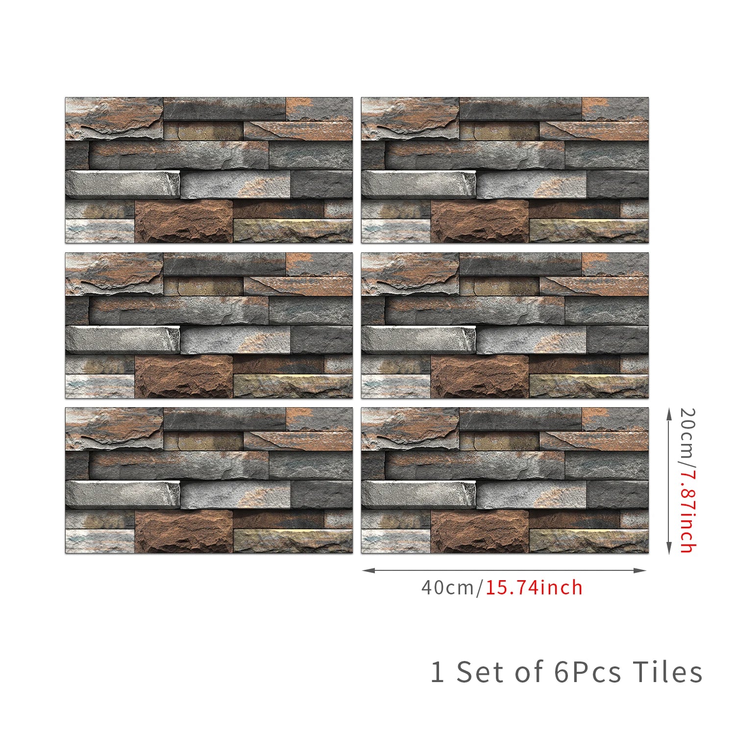 6Pcs 3D Self-Adhesive Wall Sticker 30x15cm Oil Proof Waterproof Brick Stone Imitation Brick Tile Stone Particle Wallpaper Decals