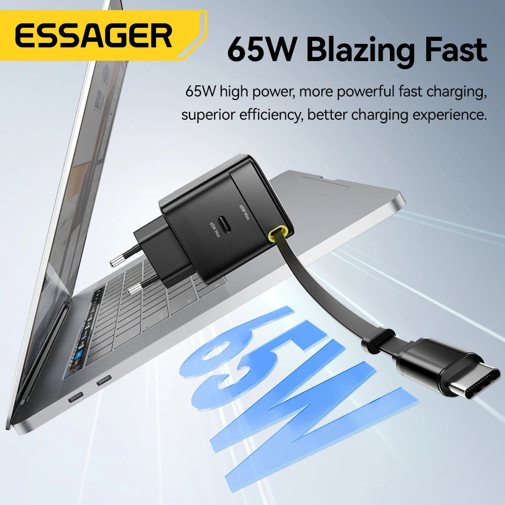 Essager 65W GaN Charger with Retractable Cable PD Fast Charging for Laptop Macbook iPhone 16 15 14 Xiaomi Type-C Phone Charger
