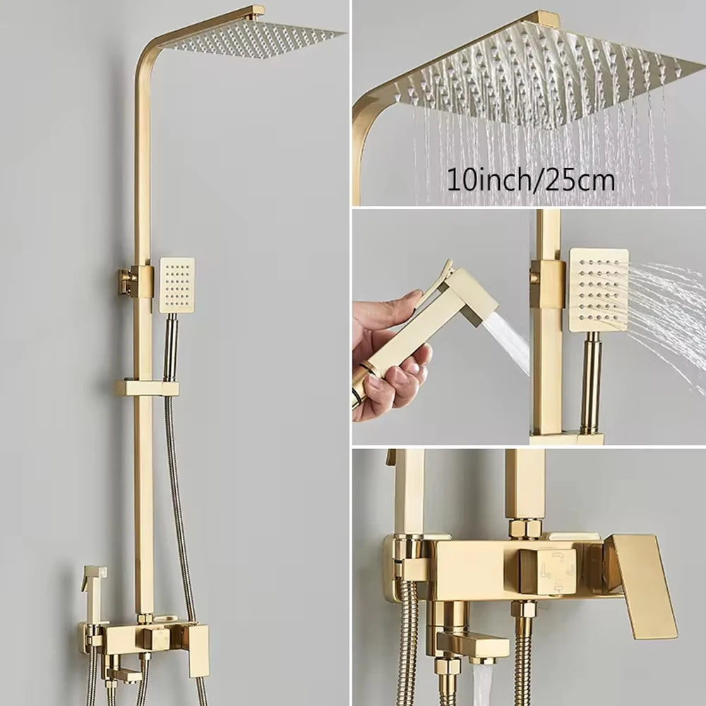 Chrome Brass Shower Faucet Set Rainfall Bathtub Tap With Bathroom Shelf 4 Function Height Adjust Shower Mixer Crane Fast Delivey