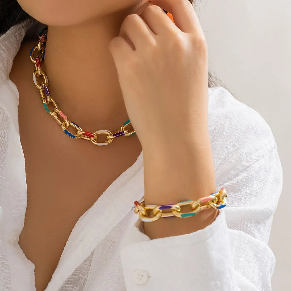 2Pcs/Set Colorful Bohemian Fashion Choker Necklace Bracelet Jewelry Set Classic Cross Chain Accessories for Women Gift Party - Daisan Mart