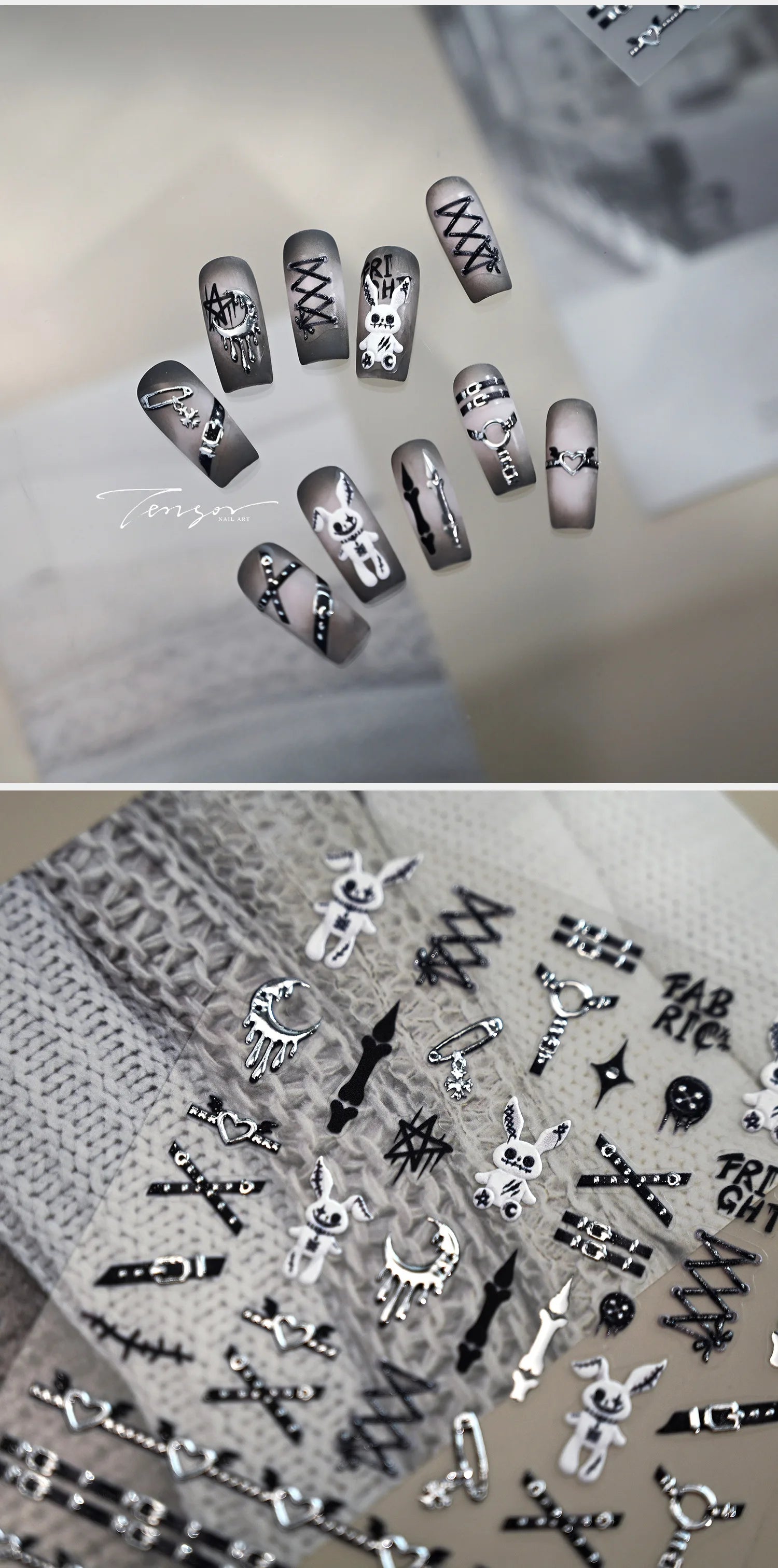 Nail Dán Halloween 5D Punk Bạc Thỏ Thiên Thần Xương - Daisan Mart