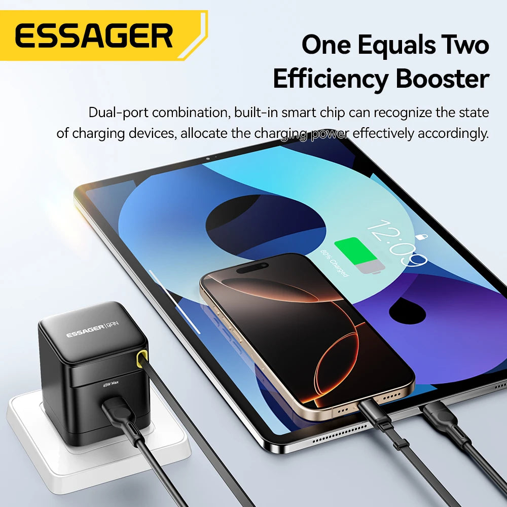 Essager 65W GaN Charger with Retractable Cable PD Fast Charging for Laptop Macbook iPhone 16 15 14 Xiaomi Type-C Phone Charger