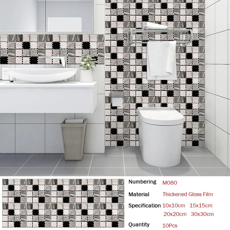 10pcs Flat Mosaic Style Tiles Sticker Kitchen Bathroom Waterproof &amp; Oilproof Art Wall Sticker Peel &amp; Stick Surface Glossy Film