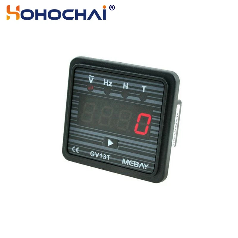 Bộ điều khiển kỹ thuật số đen, số màu đỏ, chữ V, Hz, H, T, hiệu MEBAY góc trên trái.