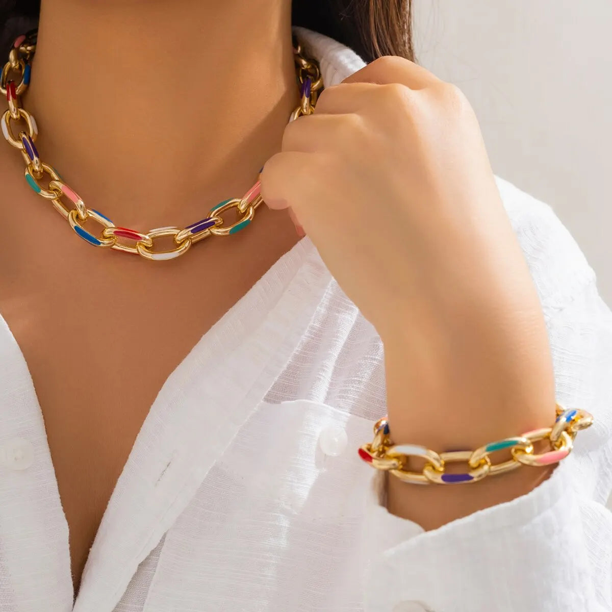 2Pcs/Set Colorful Bohemian Fashion Choker Necklace Bracelet Jewelry Set Classic Cross Chain Accessories for Women Gift Party - Daisan Mart
