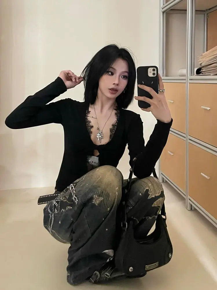 Gothic Black Lace Mesh Bodysuit for Women Y2K