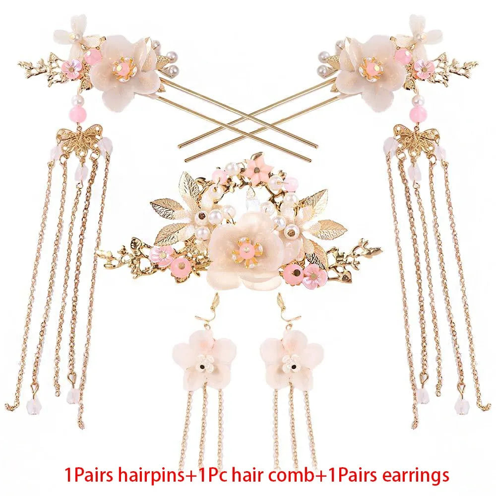 Kẹp Tóc Hoa Dài & Trâm Cài Pha Lê Trung Hoa