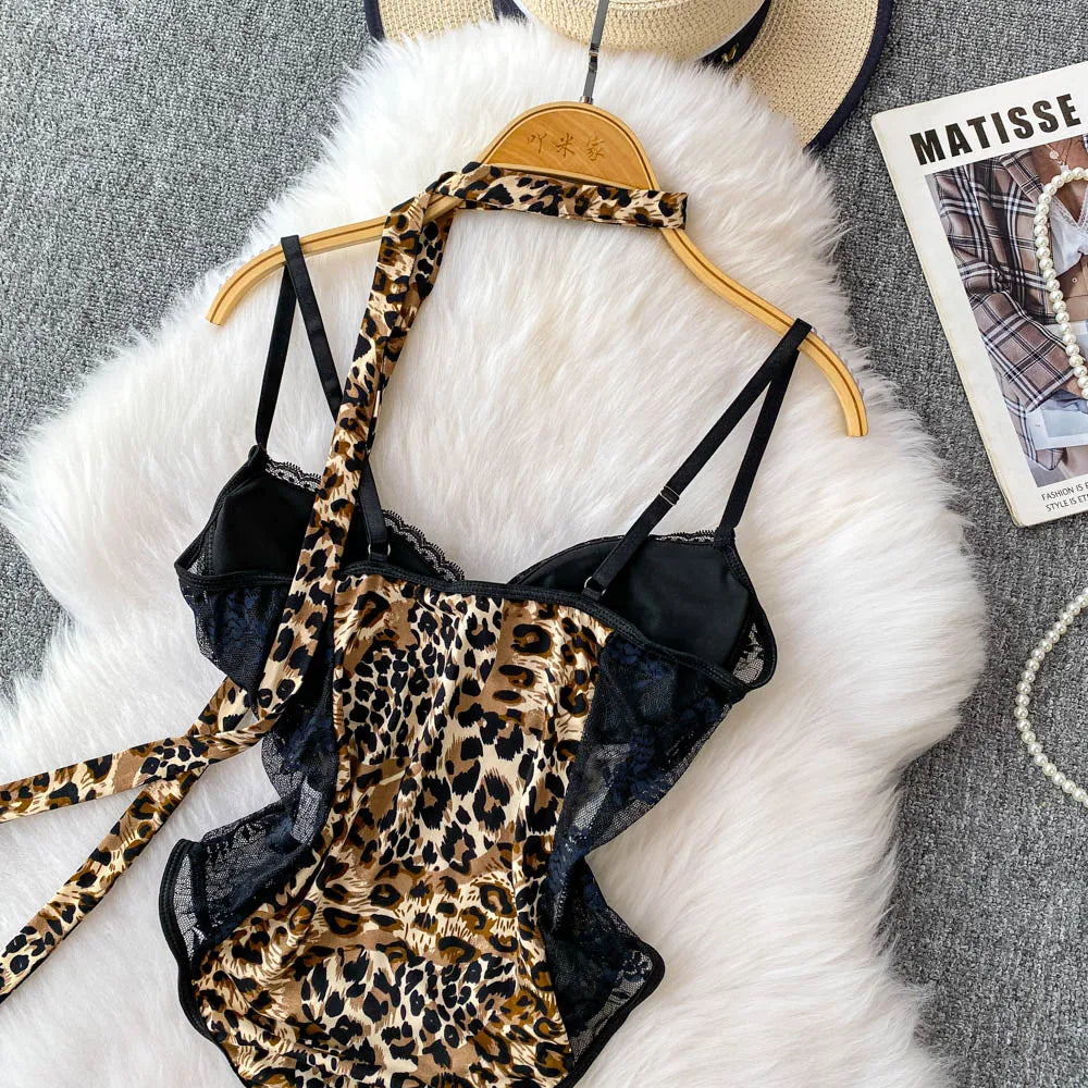 Women Hotsweet V-neck leopard slim Vintage Straps Bodysuits Chic lace Jumpsuits Slim Top Clothing