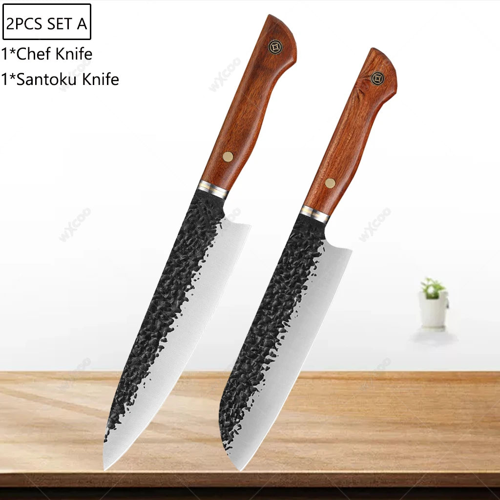 5CR15MOV Steel Chef Knife Set with Wooden Handle Forged Meat Cleaver Japanese Santoku Knife Kitchen Knife Storage Bag - Daisan Mart