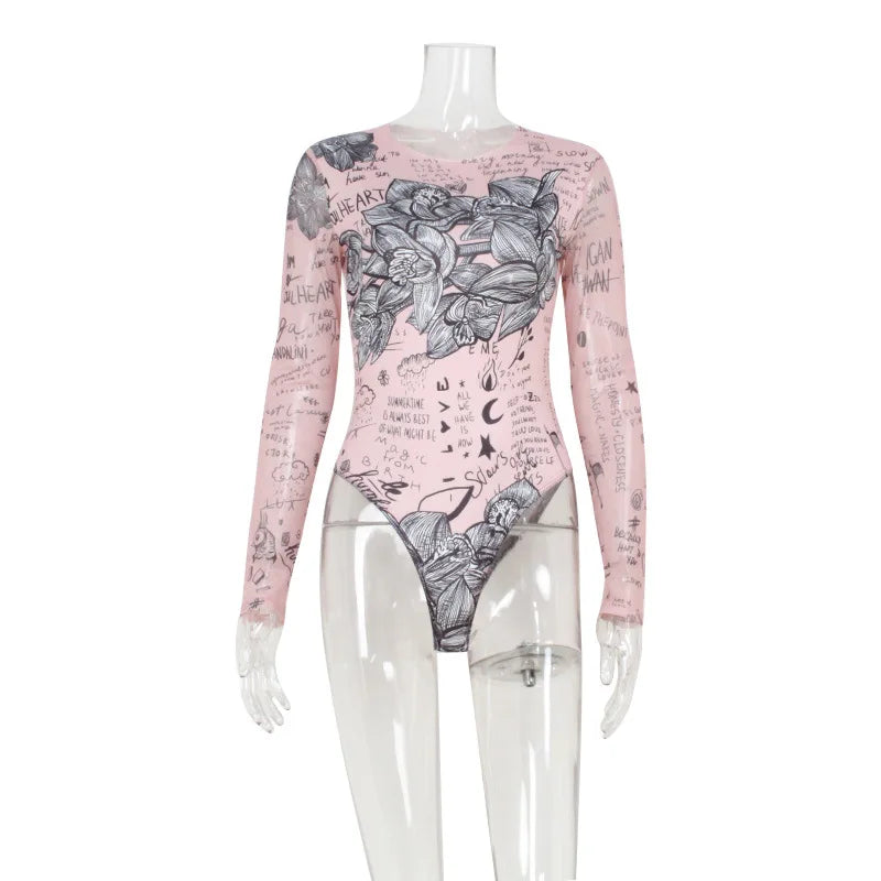 Sexy Floral Mesh Bodysuit Long Sleeve Women Corset