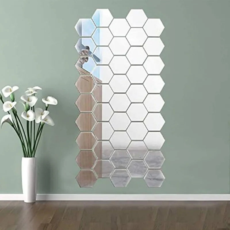 120/6pcs 3D Mirror Wall Sticker Hexagon Acrylic Self Adhesive Mirror Stickers Art Wall Decal Mosaic Tiles DIY Home Bedroom Decor