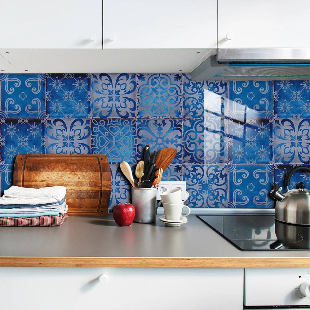 10pcs/set Dream Blue Tile Sticker Kitchen Backsplash Oil-proof Bathroom Waterproof Home Decor Wall Decals Peel &amp; Stick Art Mural