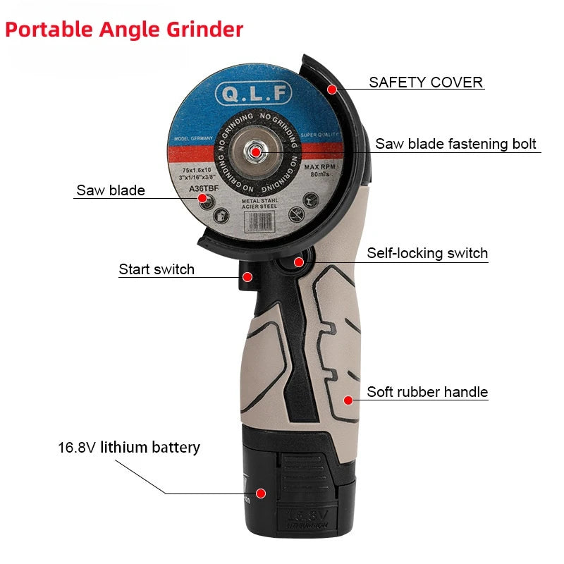 16.8V Angle Grinder Portable Lithium Cutting Tool Grinding Electric Polishing Machine Small Grinder Machine Wireless Power Tools
