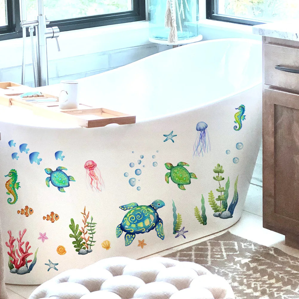 Cartoon Sea Turtle Seahorse Wall Stickers Kids Room Bathroom Decoration Mural Home Decor Self-adhesive Marine Animals Wallpaper