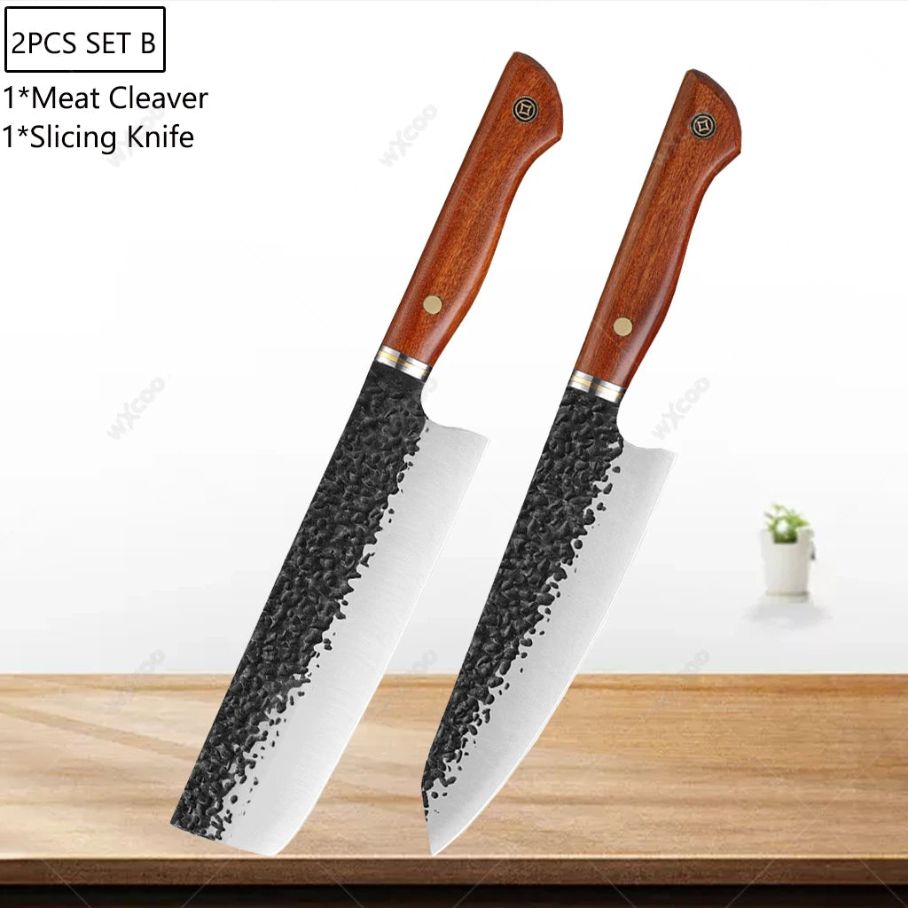 5CR15MOV Steel Chef Knife Set with Wooden Handle Forged Meat Cleaver Japanese Santoku Knife Kitchen Knife Storage Bag - Daisan Mart