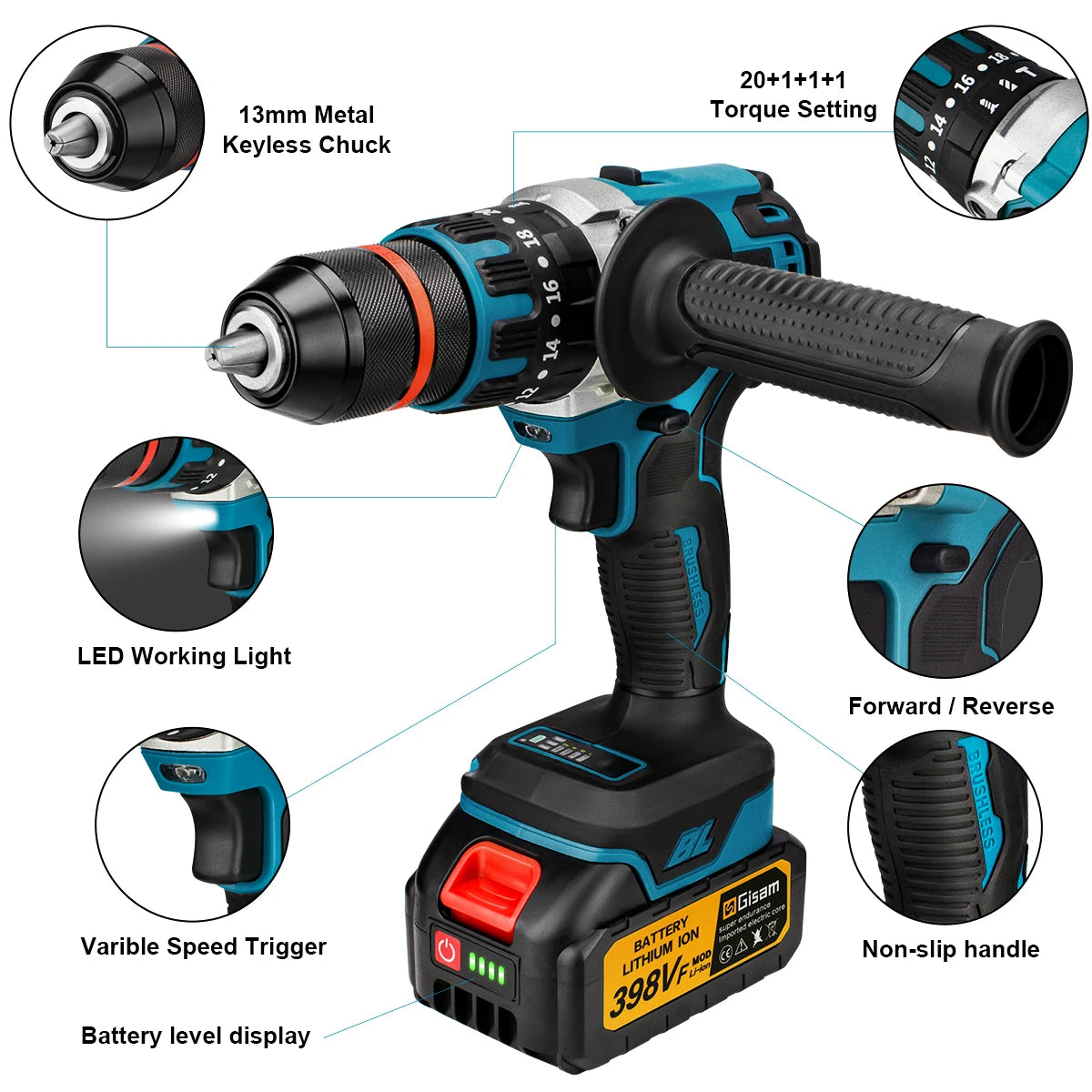 Brushless Electric Impact Drill Ice Breaking Fishing Cordless Screwdriver Rechargeable Battery Hand Drill Power Tools 13MM 480NM