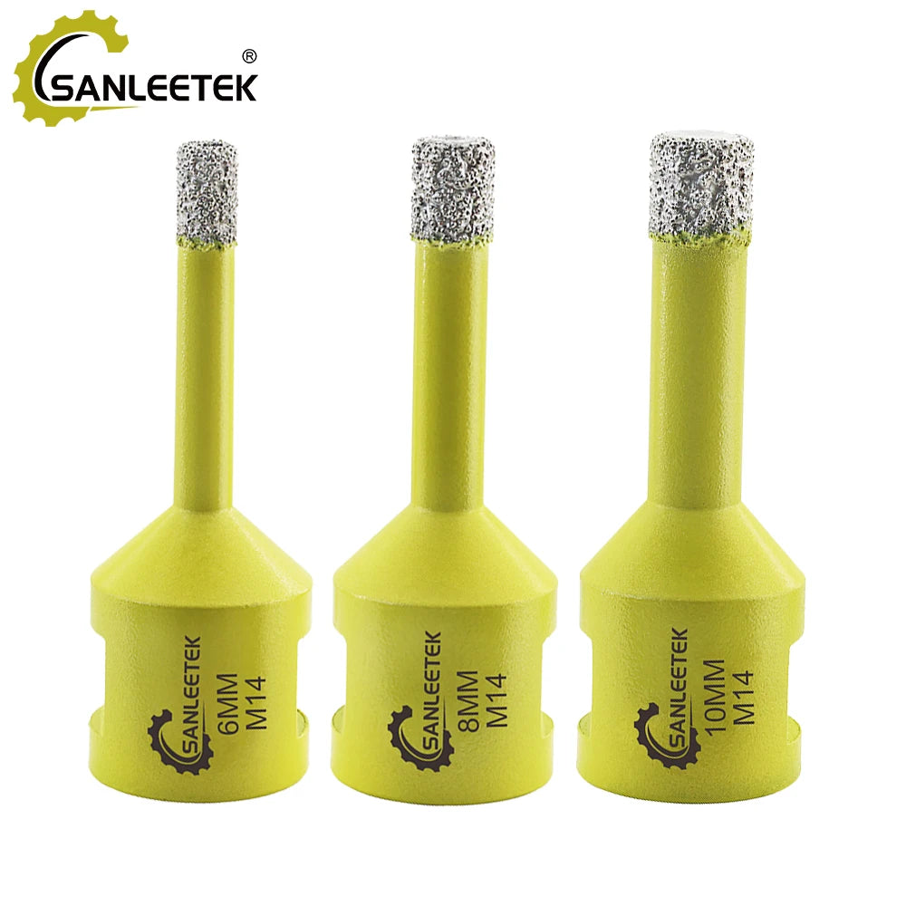 Ba mũi khoan kim cương màu vàng, đầu mũi bạc, có kích thước 6mm, 8mm, 10mm.