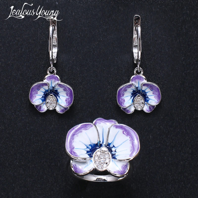 Women's Blue White CZ Zircon Silver Flower Jewelry Set