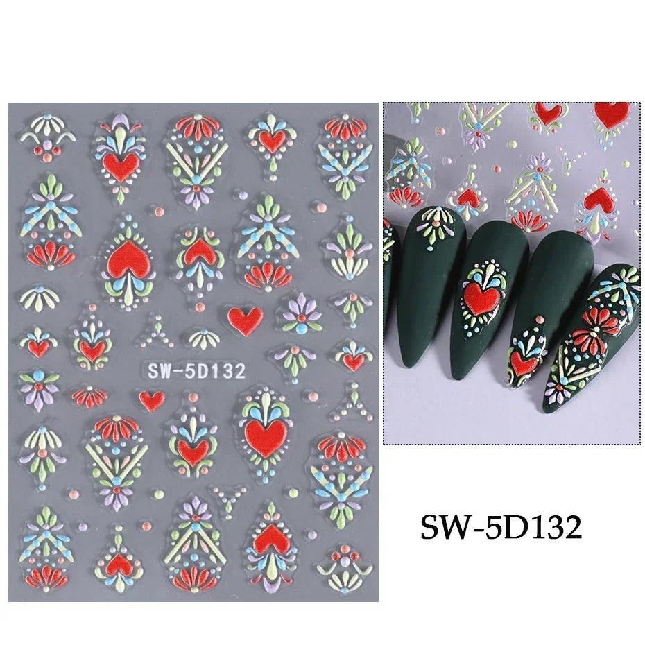 5D Colorful Daisy Flower Nail Art Sticker Lace Heart Spring Hollow Petals Boho Style French Engraved Slider Manicure Decorations - Daisan Mart