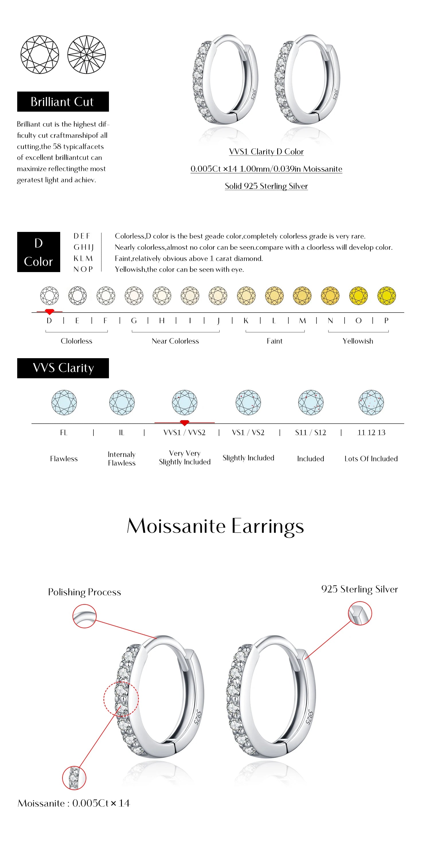 MODIAN D Moissanite Simple Earrings 925 Silver For Women