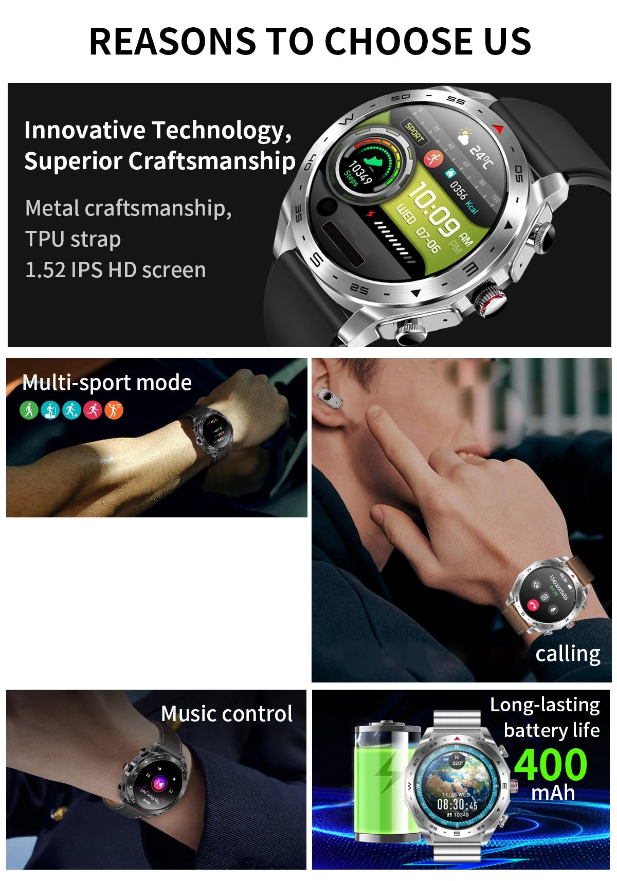 Men's Smart Watch 400mAh Durable Steel, Bluetooth Calling