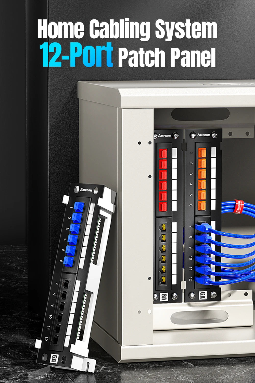 Bảng Patch Panel 12 Cổng Cat6A AMPCOM kèm Giá Treo - Daisan Mart