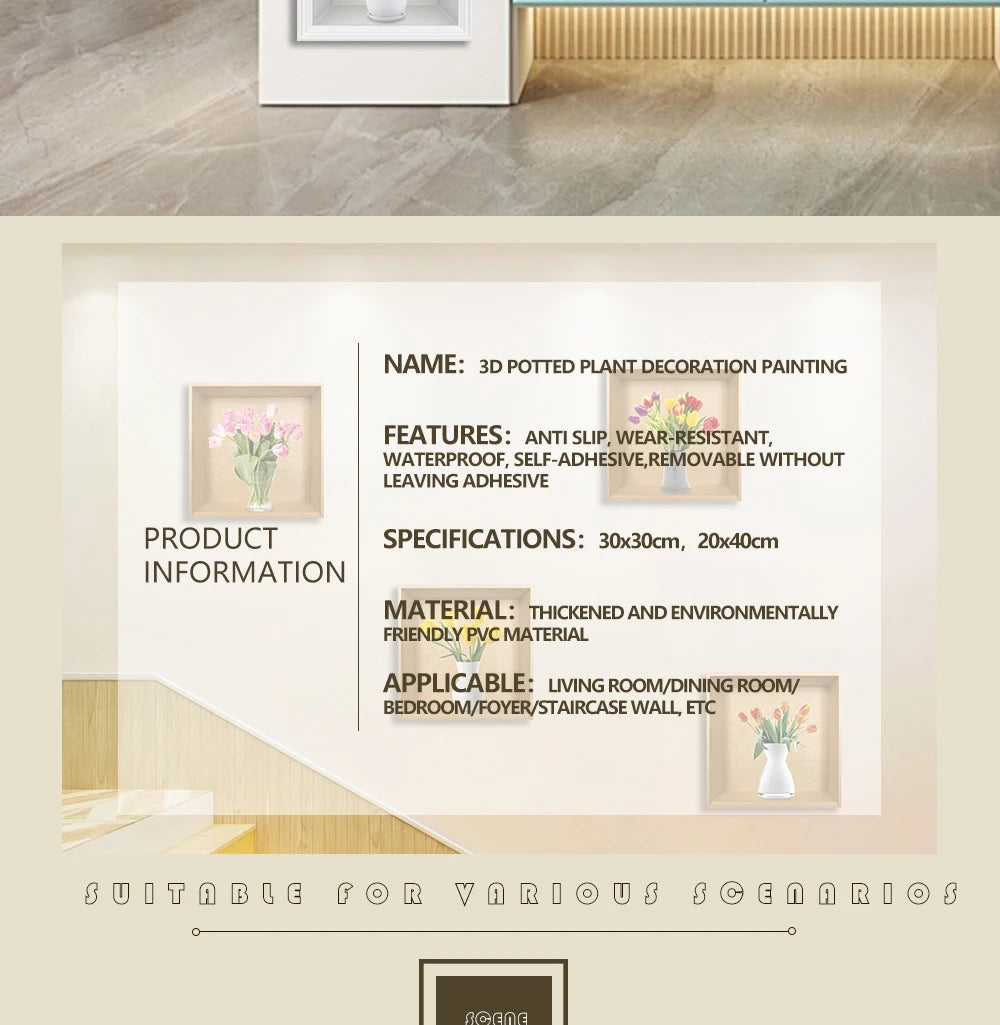 4pcs/set Simulated Plant Potted Plants Cabinet Decoration Wall Stickers Peel &amp; Stick Waterproof PVC Frameless Wall Art Mural