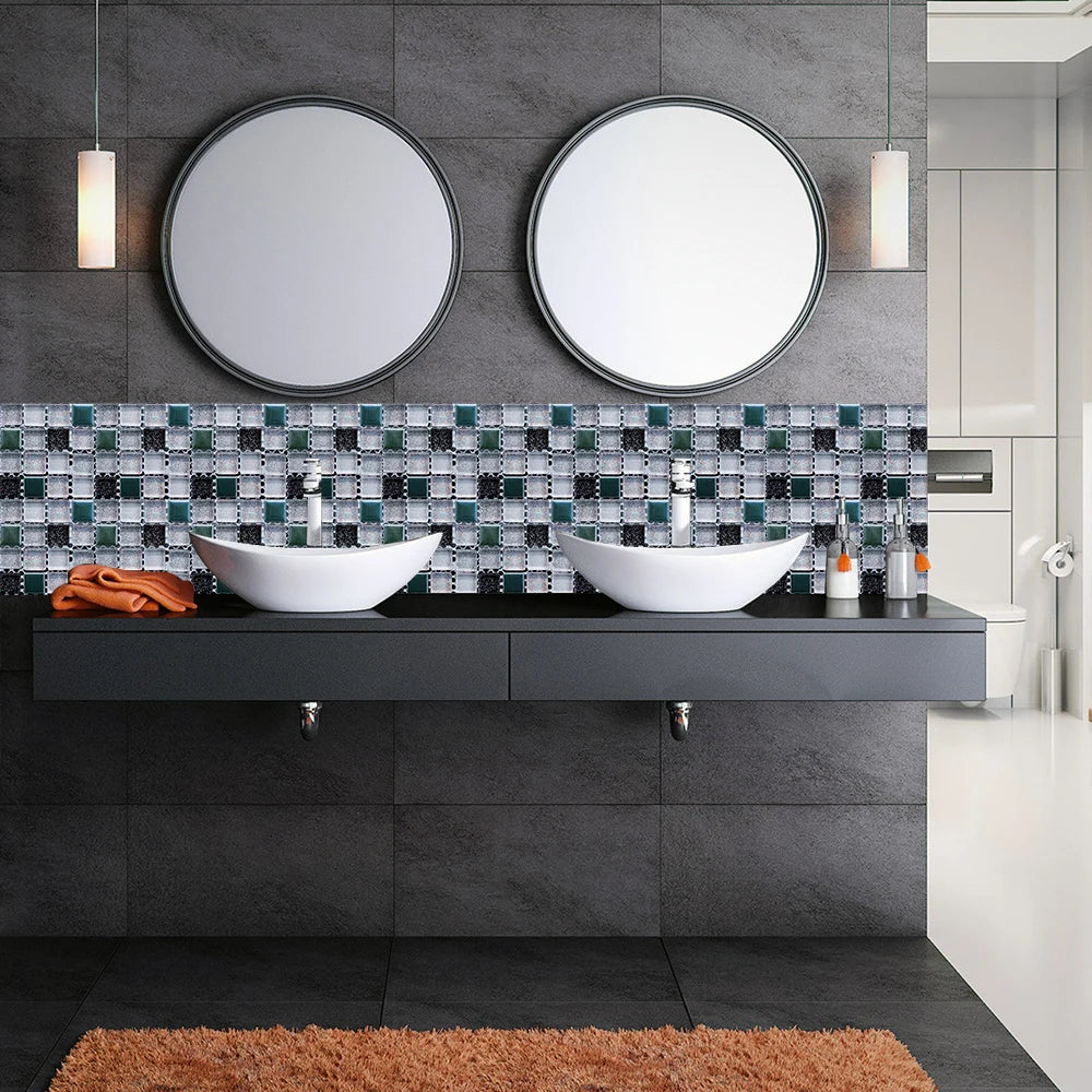 10pcs Flat Mosaic Style Tiles Sticker Kitchen Bathroom Waterproof &amp; Oilproof Art Wall Sticker Peel &amp; Stick Surface Glossy Film