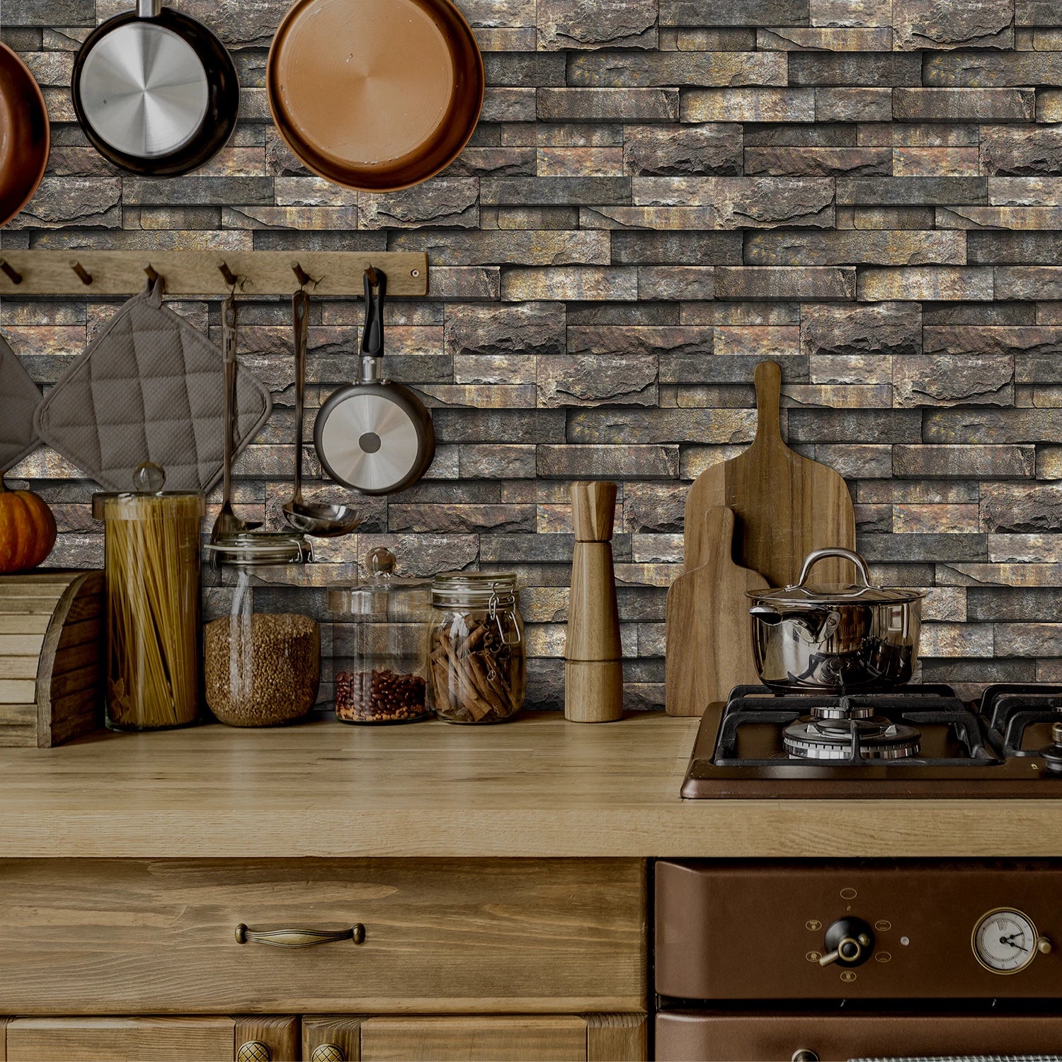 6Pcs 3D Self-Adhesive Wall Sticker 30x15cm Oil Proof Waterproof Brick Stone Imitation Brick Tile Stone Particle Wallpaper Decals