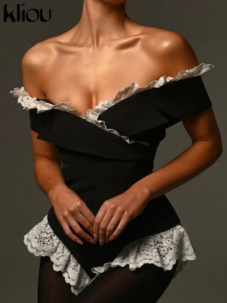 Kliou Women's Bodysuit Mesh Lace Off-the-Shoulder Fashion