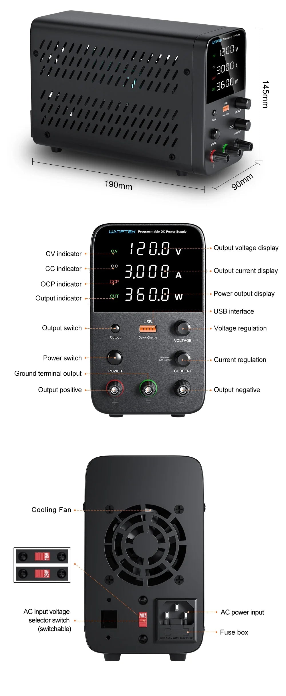 Wanptek DC Power Supply 30V 10A 5A Variable Bench Power Supply Adjustable Lab Power Supply 60V 5A 120V 3A Voltage Regulator