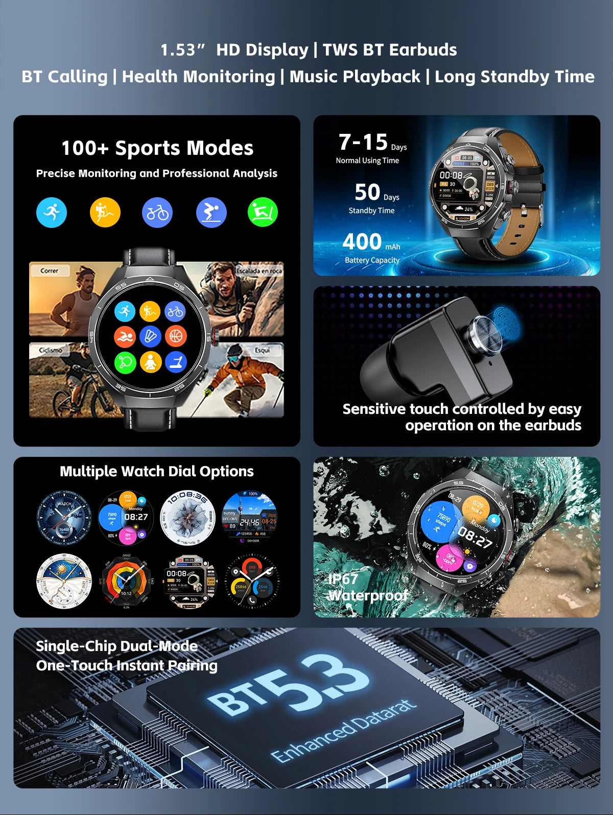 Đồng Hồ Thông Minh TWS 2in1 Chống Nước IP67 Bluetooth