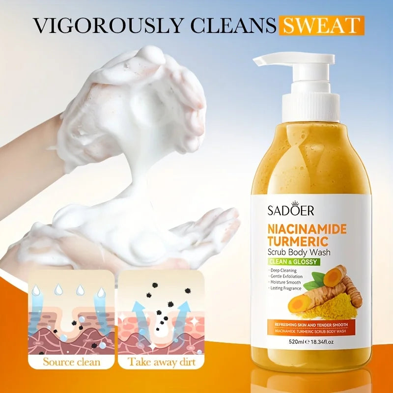 520Ml/Bottle Niacinamide Turmeric Scrub Shower Gel, Rich in Ingredients Such as Niacinamide and Turmeric Extract, with a Smooth and Delicate Scrub, Rich Foam, Gentle Bathing, Cleans Sweat and Other Dirt and Dead Skin Cells on