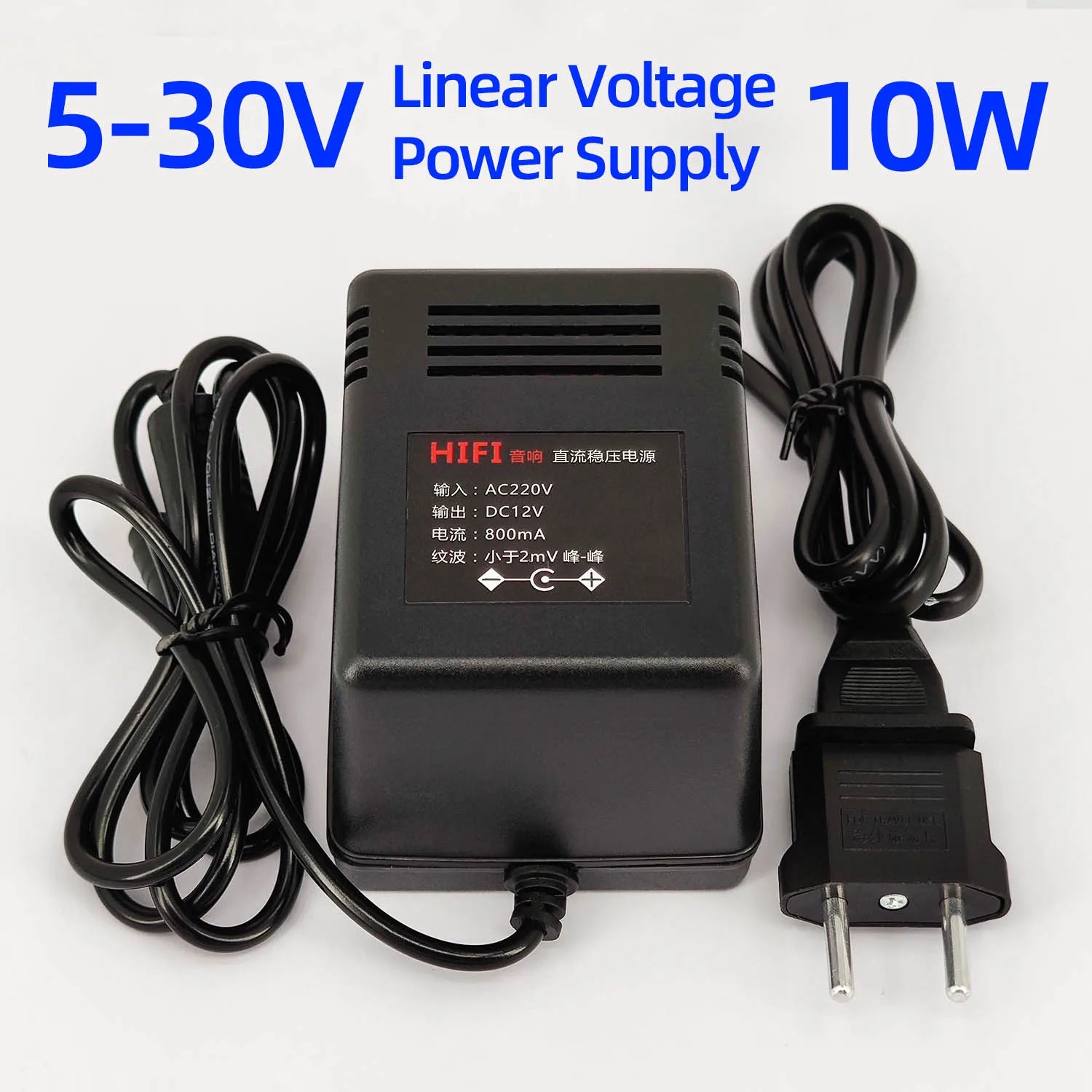 Bộ nguồn điện áp tuyến tính đen, dây cắm, chữ xanh 5-30V, công suất 10W.